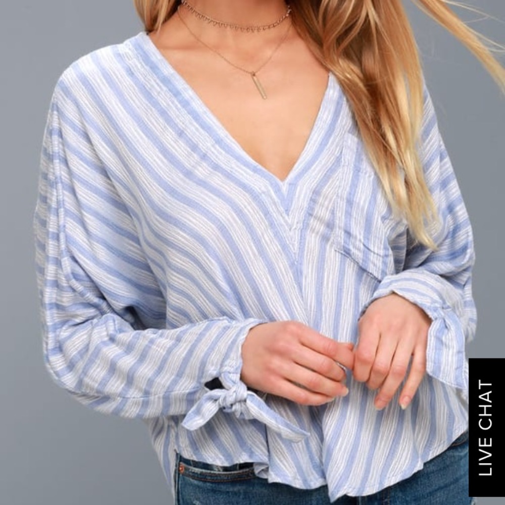 Free People Stripped Blue Blouse/Top - Picture 2 of 7